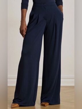 LAUREN RALPH LAUREN PETITE Pleated Stretch Jersey Wide-Leg Pant Navy Sz 6P NWT